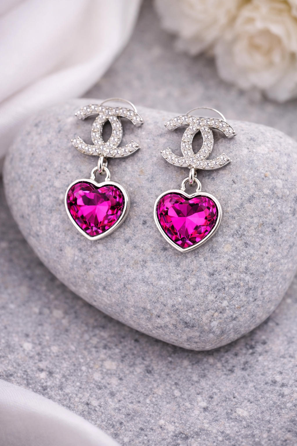 Fuchsia Heart Crystal Drop Earrings – Silver Trim