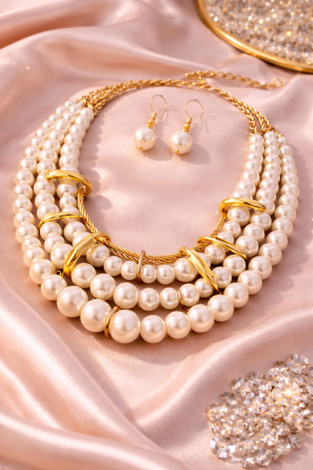 Elegant multi-strand pearl-look choker necklace with matching pearl-look drop earrings. This adjustable necklace is designed to be worn as a chic choker or slightly lower for versatile styling.