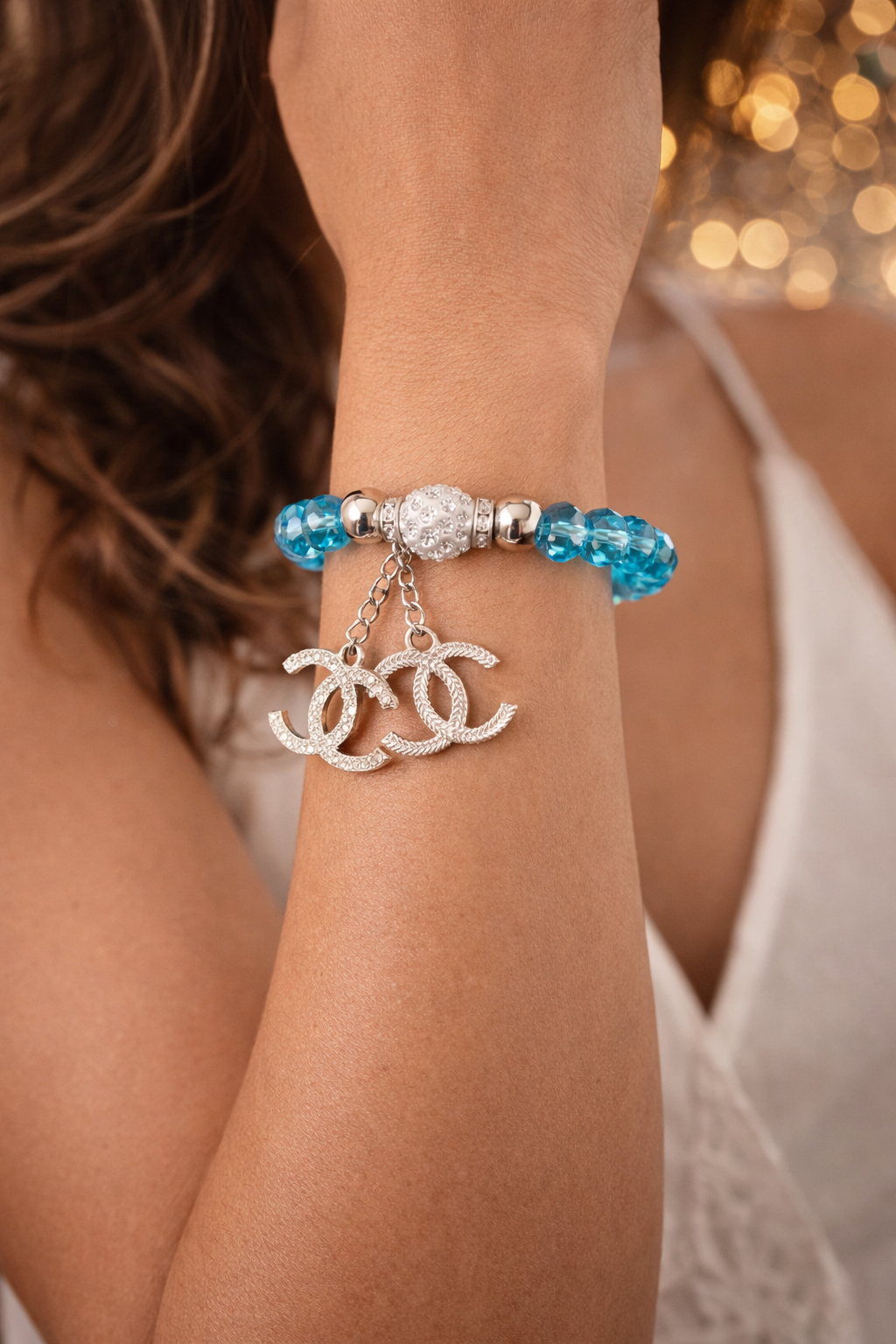 Blue Crystal Stretch Charm Bracelet - Silver Tone Statement Jewelry