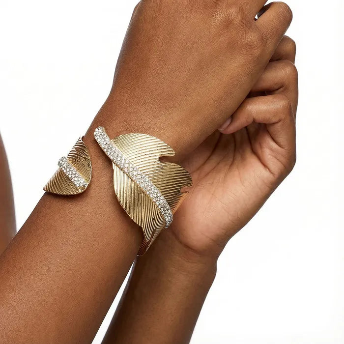 Boho Cuff Bracelet with Rhinestones - Gold Tone Statement Jewelry