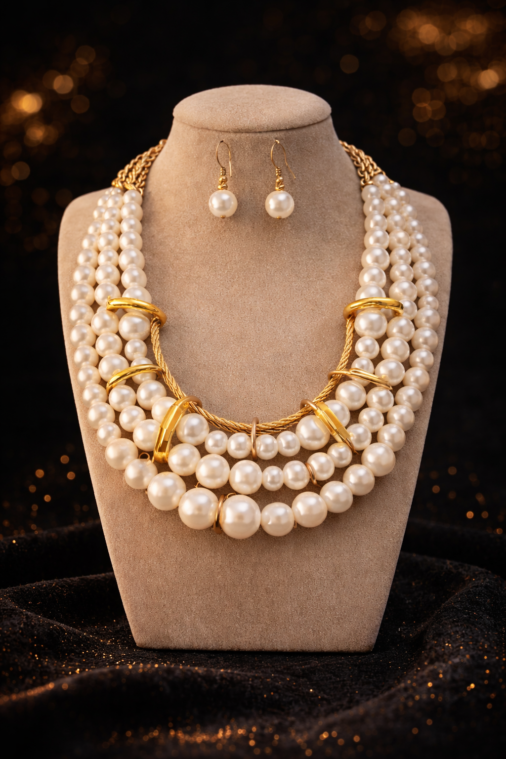 Pearl-inspired layered necklace and earring set with a bold multi-strand design and elegant gold-tone detailing.