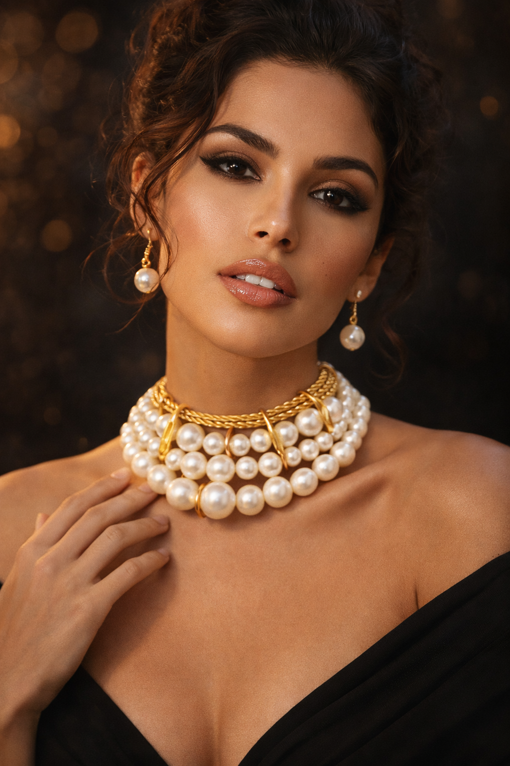 Pearl-inspired layered necklace and earring set with a bold multi-strand design and elegant gold-tone detailing.