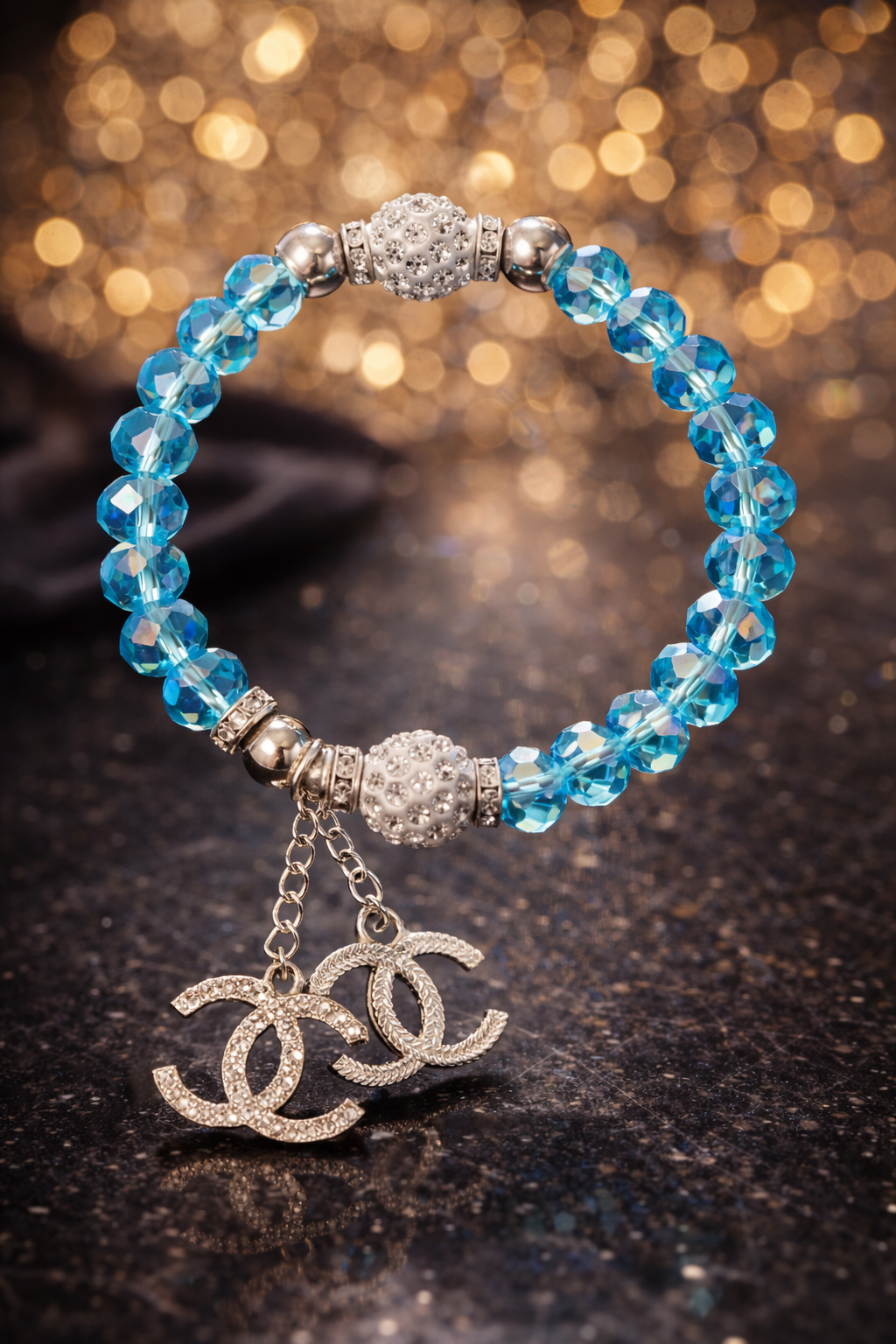 Blue Crystal Stretch Charm Bracelet - Silver Tone Statement Jewelry