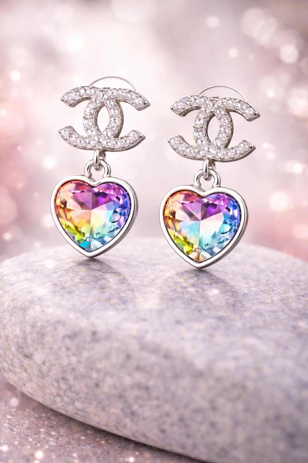 These earrings were made to stand out. A deep, jewel-toned multicolor heart crystal reflects rich shades of ruby, sapphire, emerald, and amber, framed in polished silver