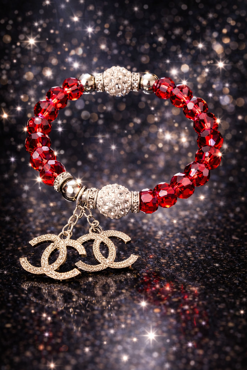 Red Crystal Stretch Charm Bracelet - Gold Tone Statement Jewelry
