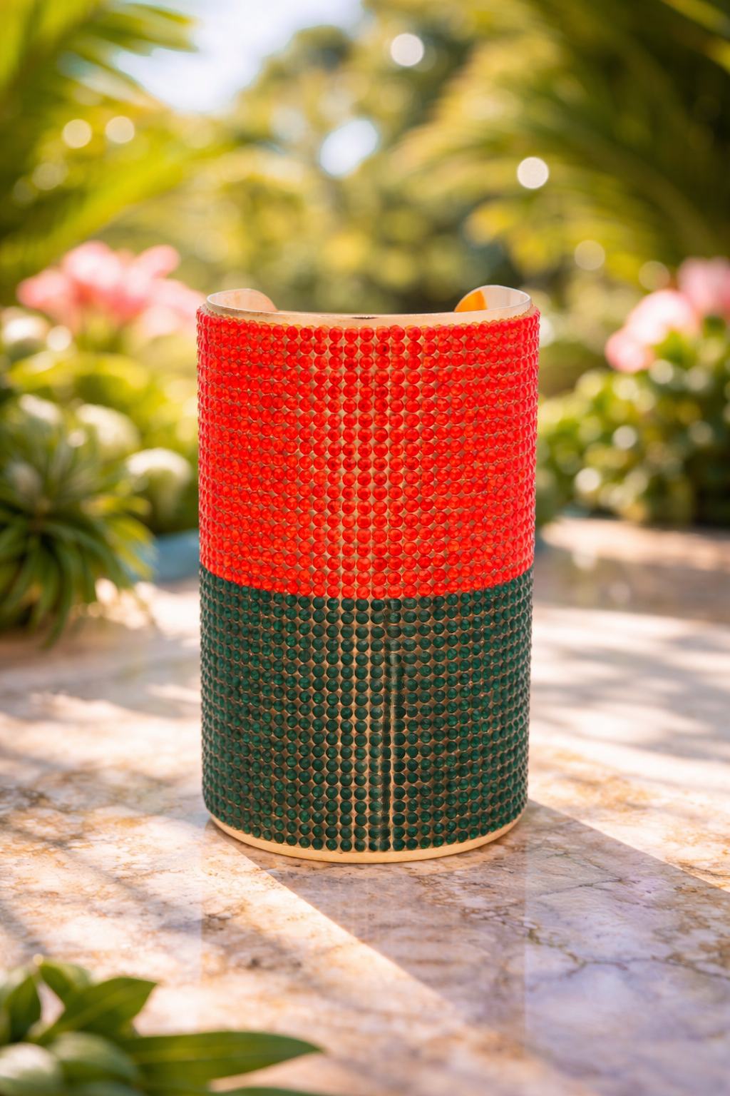 Red and Green Crystal Cuff Bracelet – Gold Tone Statement Jewelry Turn heads with this bold red and green crystal cuff bracelet designed to elevate any outfit instantly.