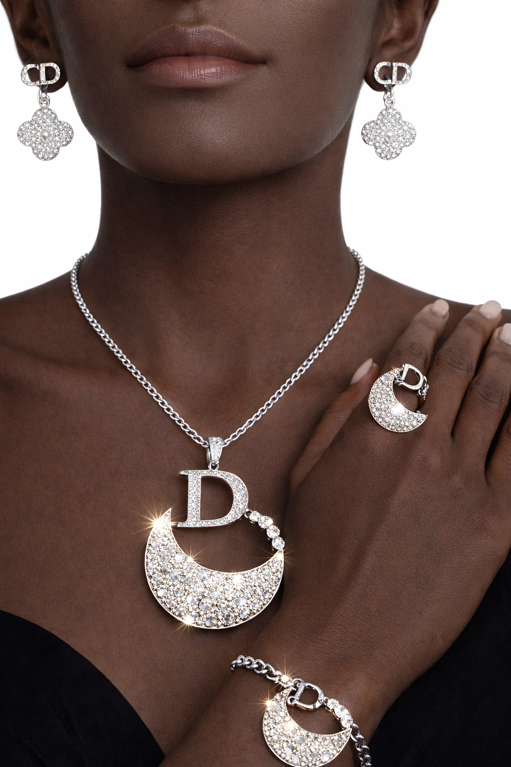 Silver Statement Rhinestone Jewelry Set - 5-Piece Collection
