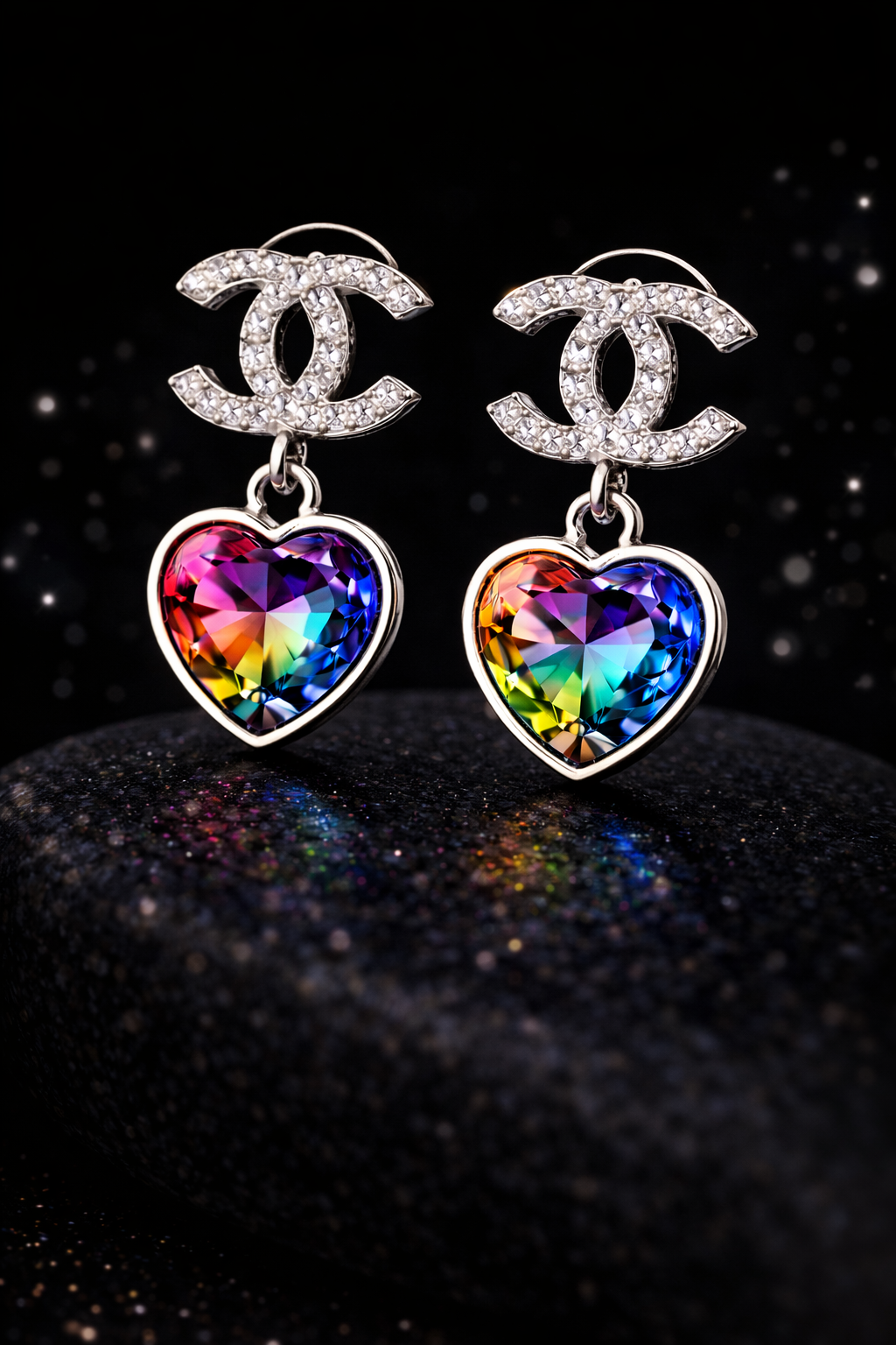 These earrings were made to stand out. A deep, jewel-toned multicolor heart crystal reflects rich shades of ruby, sapphire, emerald, and amber, framed in polished silver