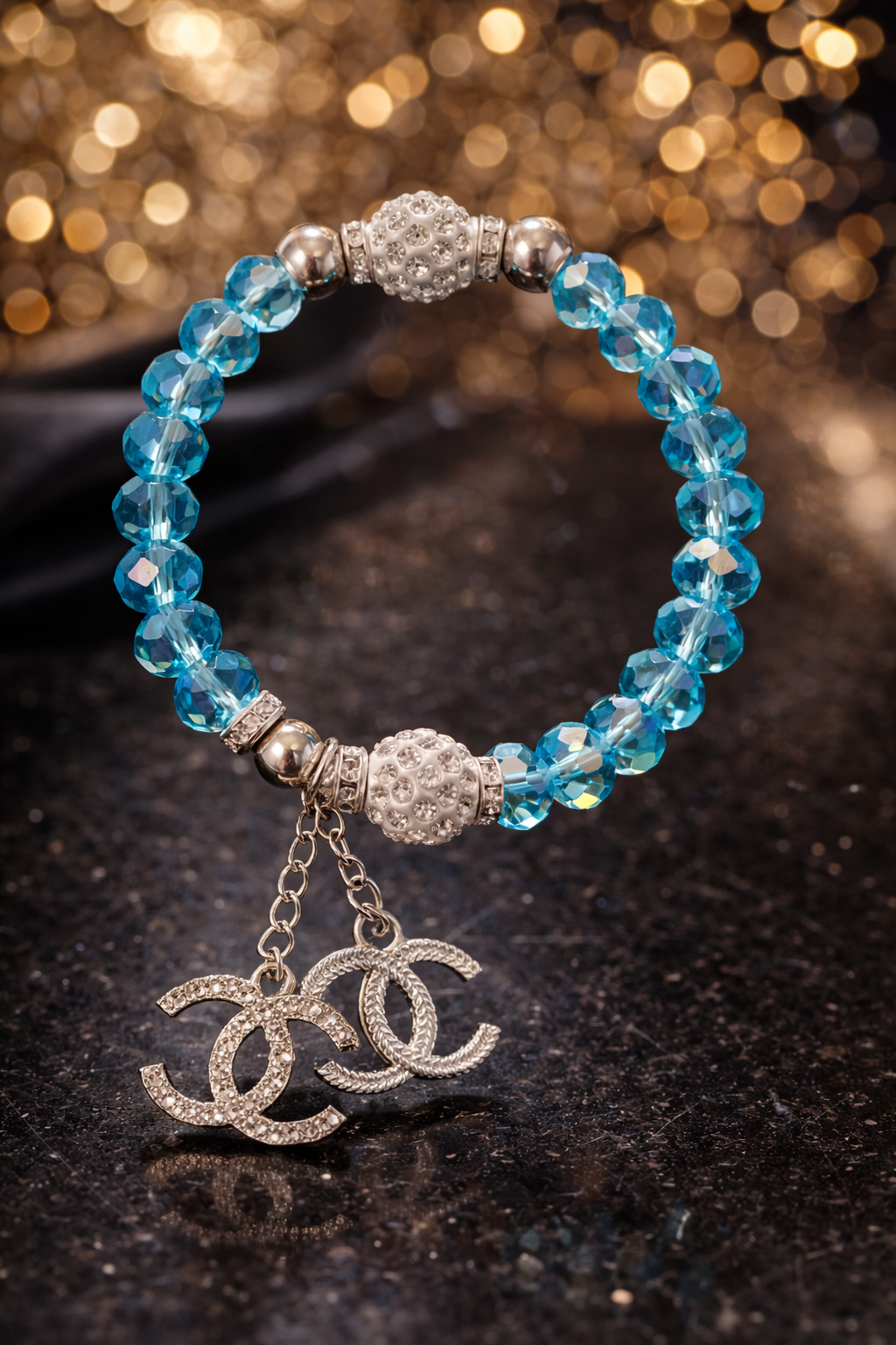 Blue Crystal Stretch Charm Bracelet - Silver Tone Statement Jewelry