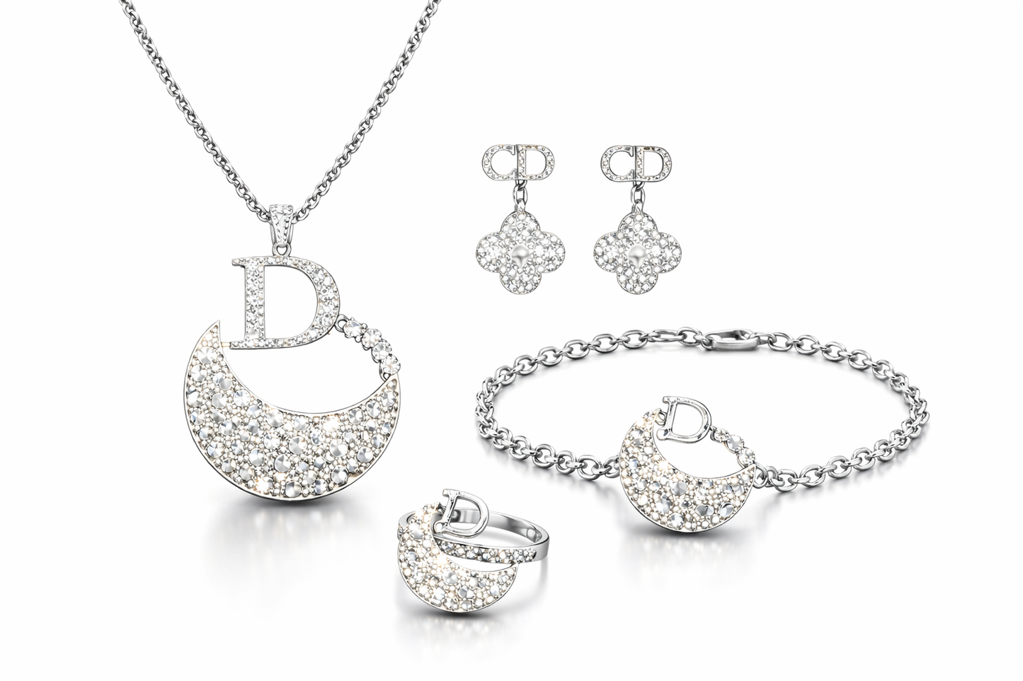 Silver Statement Rhinestone Jewelry Set - 5-Piece Collection