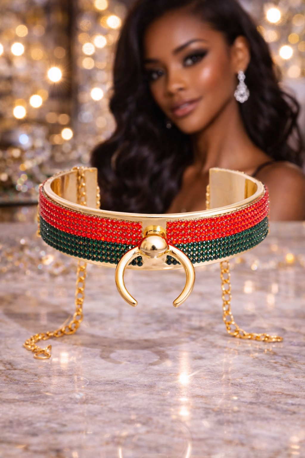 Red and Green Crystal Door Knocker Choker Necklace – Designer Inspired Statement Jewelry