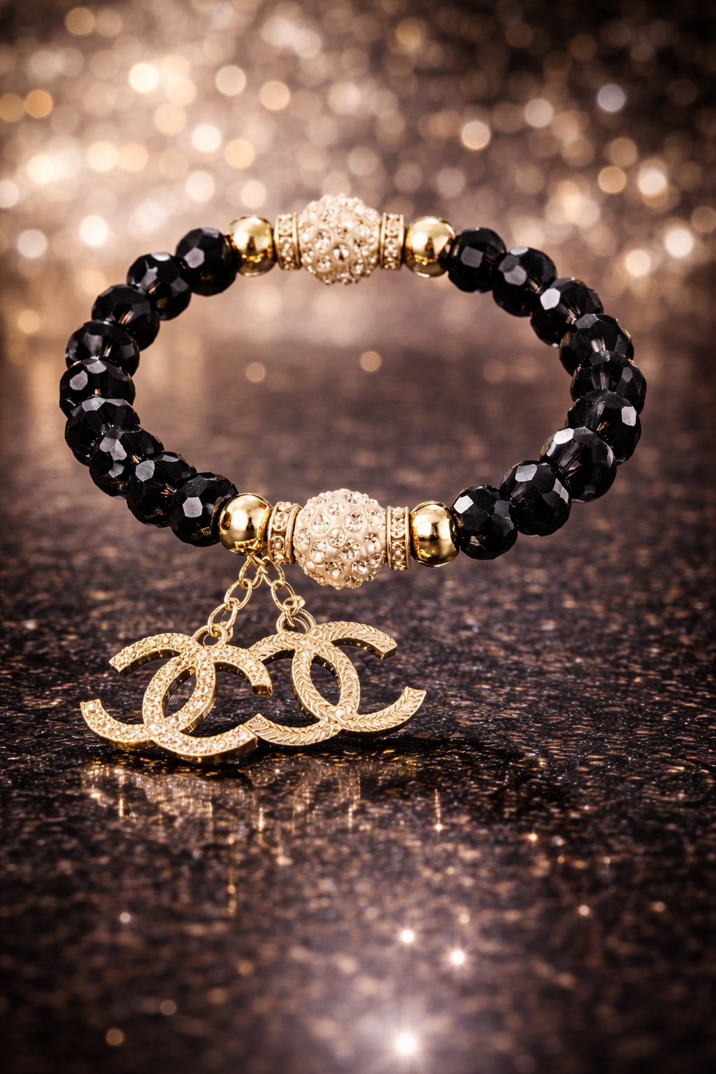 Black Crystal Stretch Charm Bracelet - Gold Tone Statement Jewelry