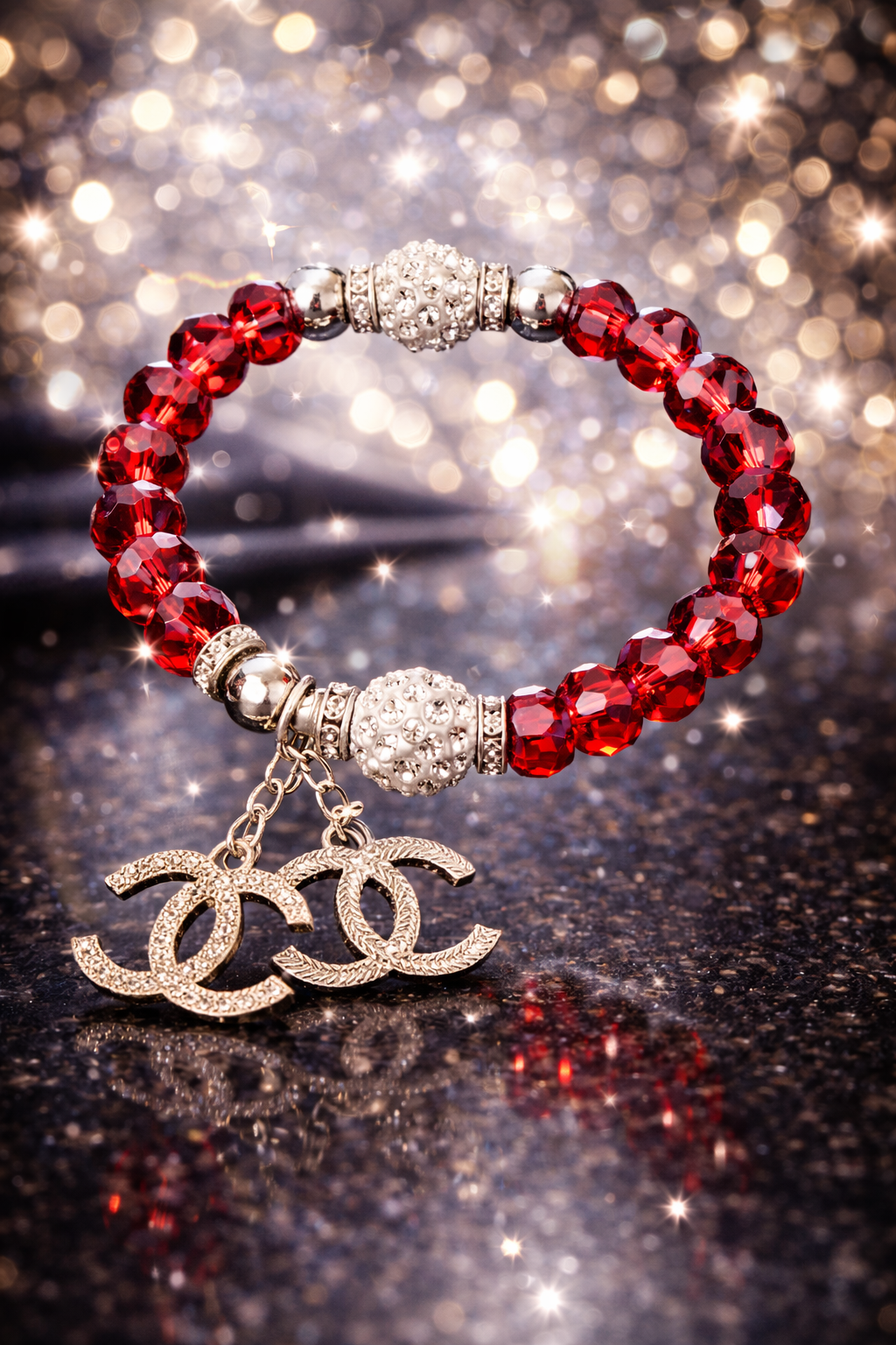 Red Crystal Stretch Charm Bracelet - Gold Tone Statement Jewelry