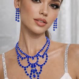 Blue Crystal Statement Necklace Set - Fashion Jewelry with Earrings