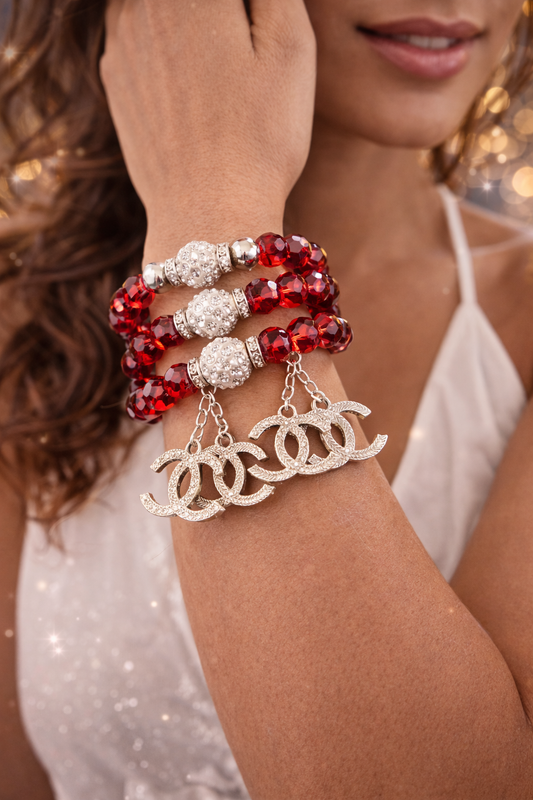 Red Crystal Stretch Charm Bracelet - Gold Tone Statement Jewelry