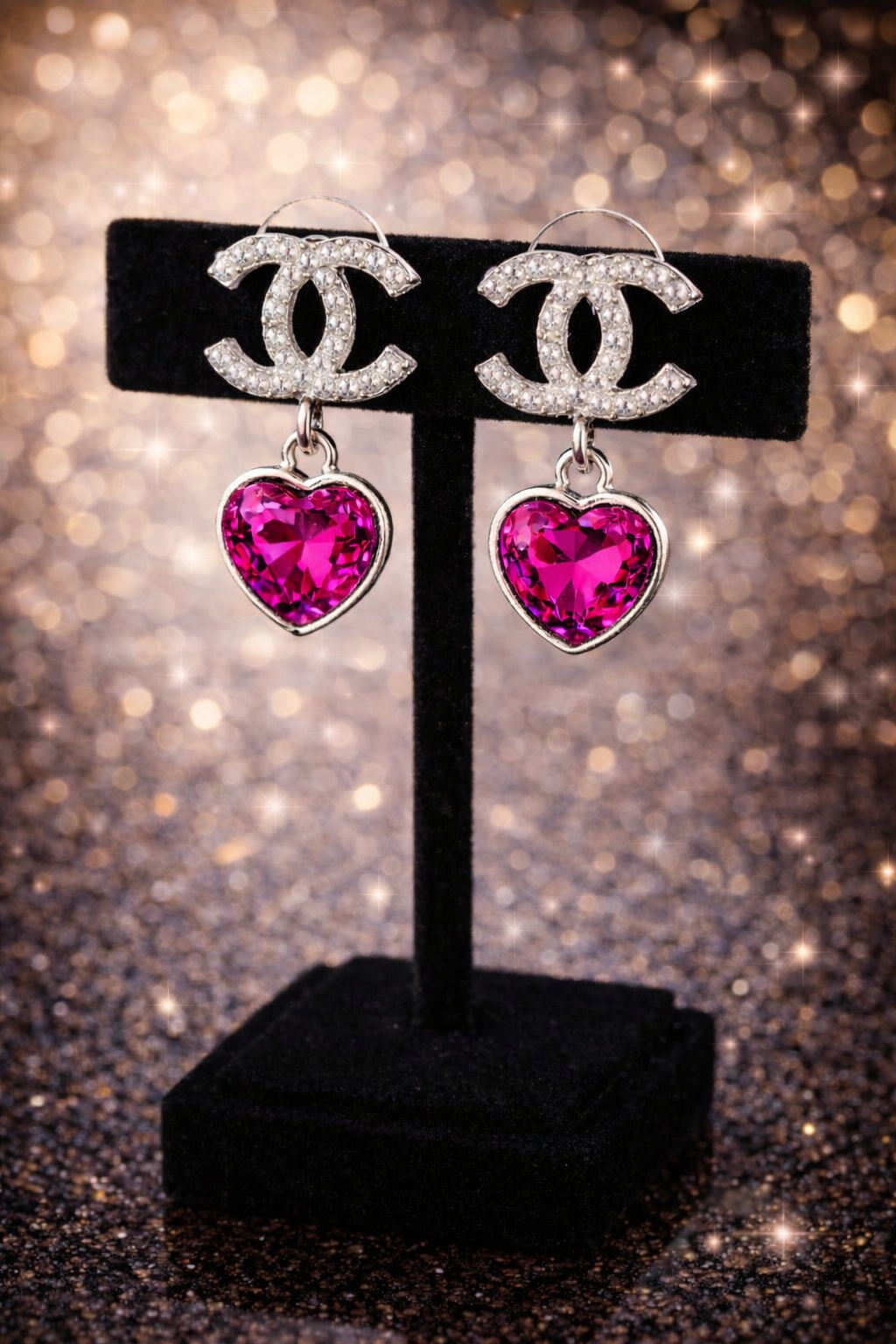 Fuchsia Heart Crystal Drop Earrings – Silver Trim