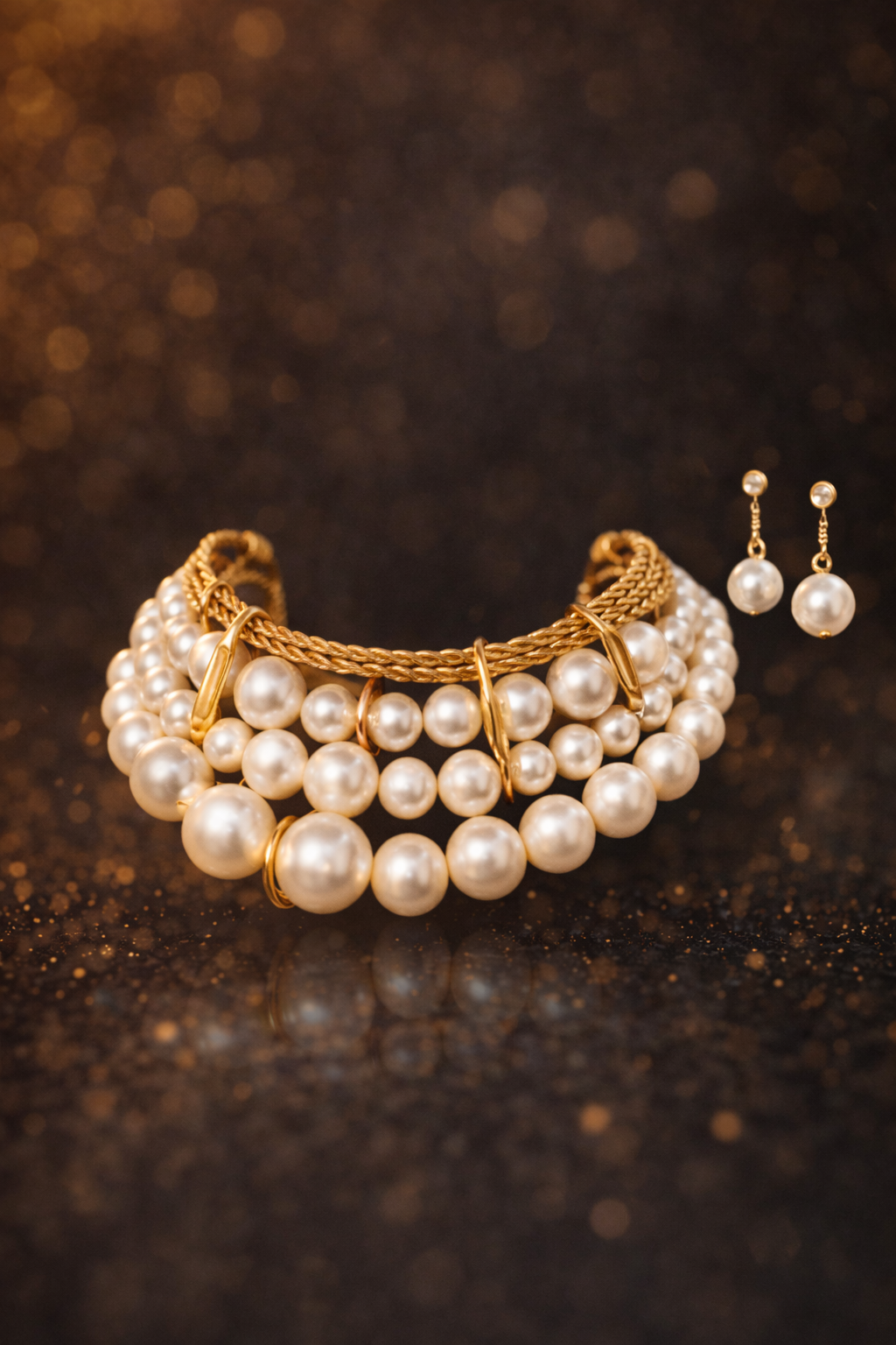 Pearl-inspired layered necklace and earring set with a bold multi-strand design and elegant gold-tone detailing.