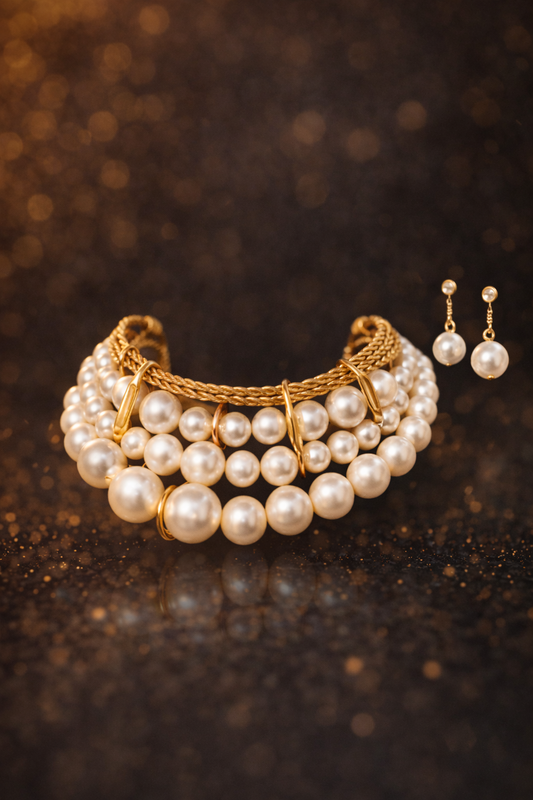 Pearl-inspired layered necklace and earring set with a bold multi-strand design and elegant gold-tone detailing.