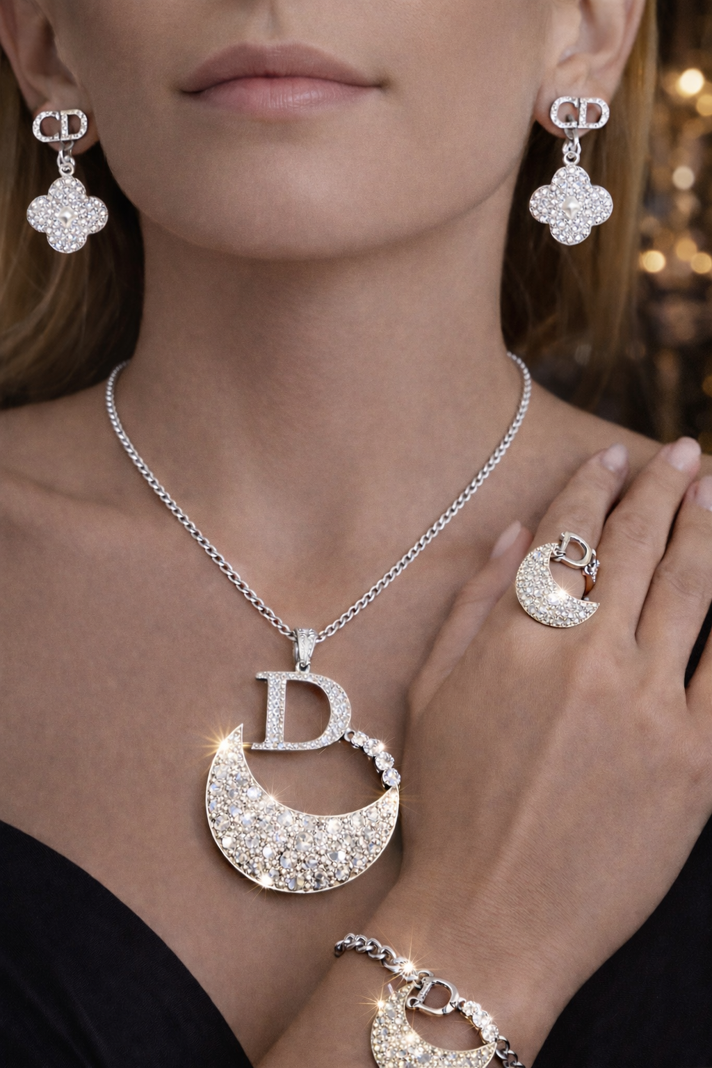 Silver Statement Rhinestone Jewelry Set - 5-Piece Collection