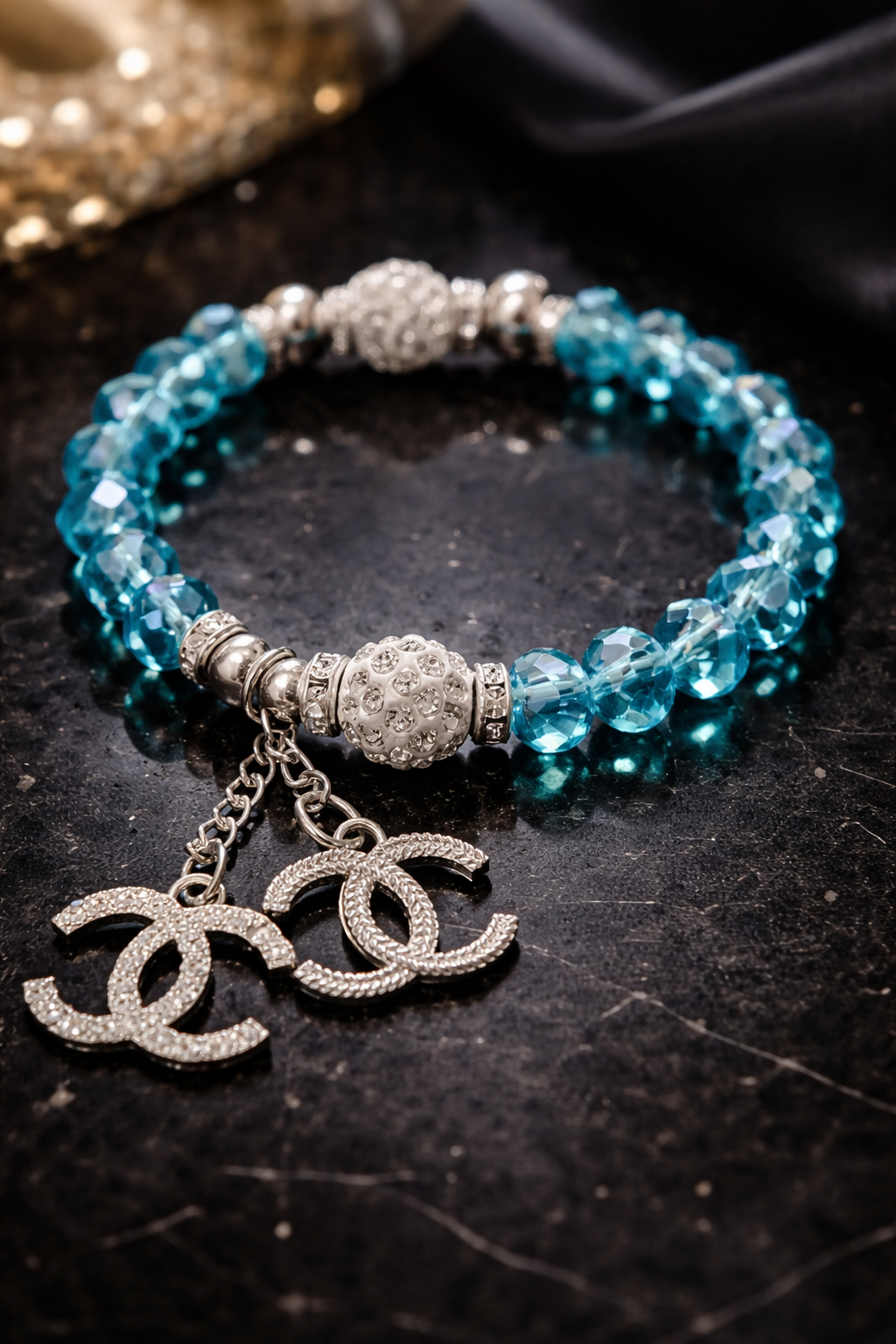 Blue Crystal Stretch Charm Bracelet - Silver Tone Statement Jewelry