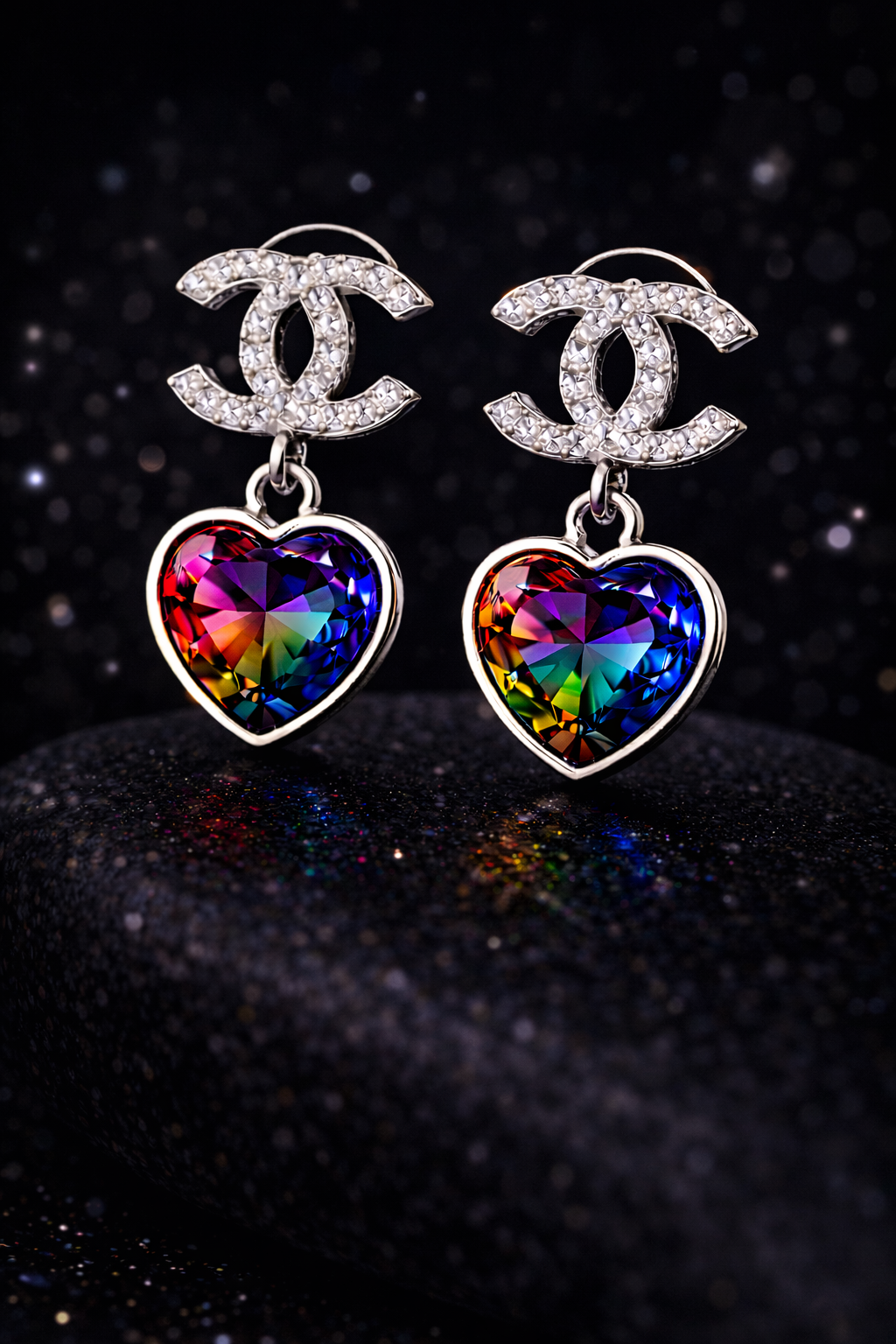 These earrings were made to stand out. A deep, jewel-toned multicolor heart crystal reflects rich shades of ruby, sapphire, emerald, and amber, framed in polished silver