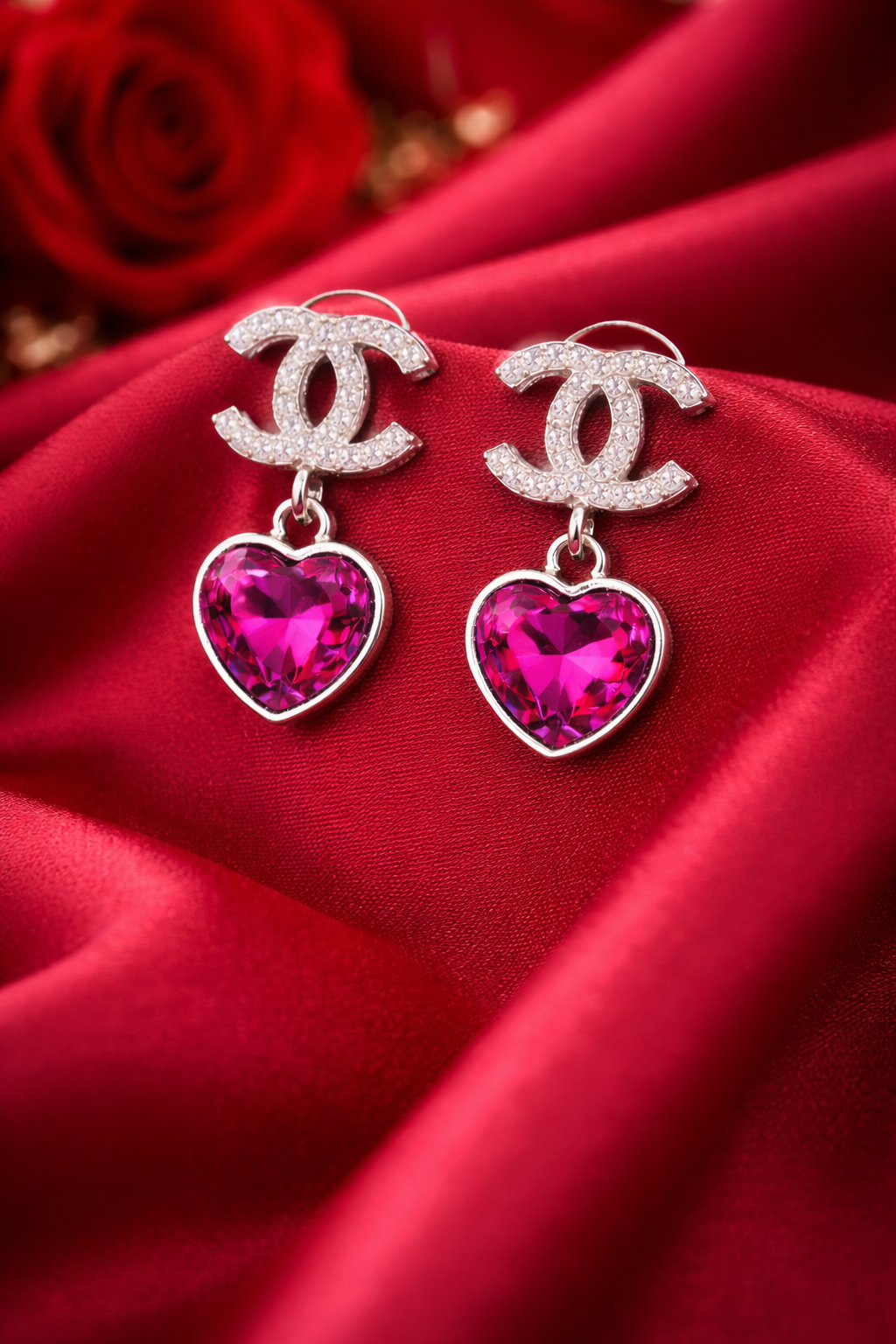 Fuchsia Heart Crystal Drop Earrings – Silver Trim