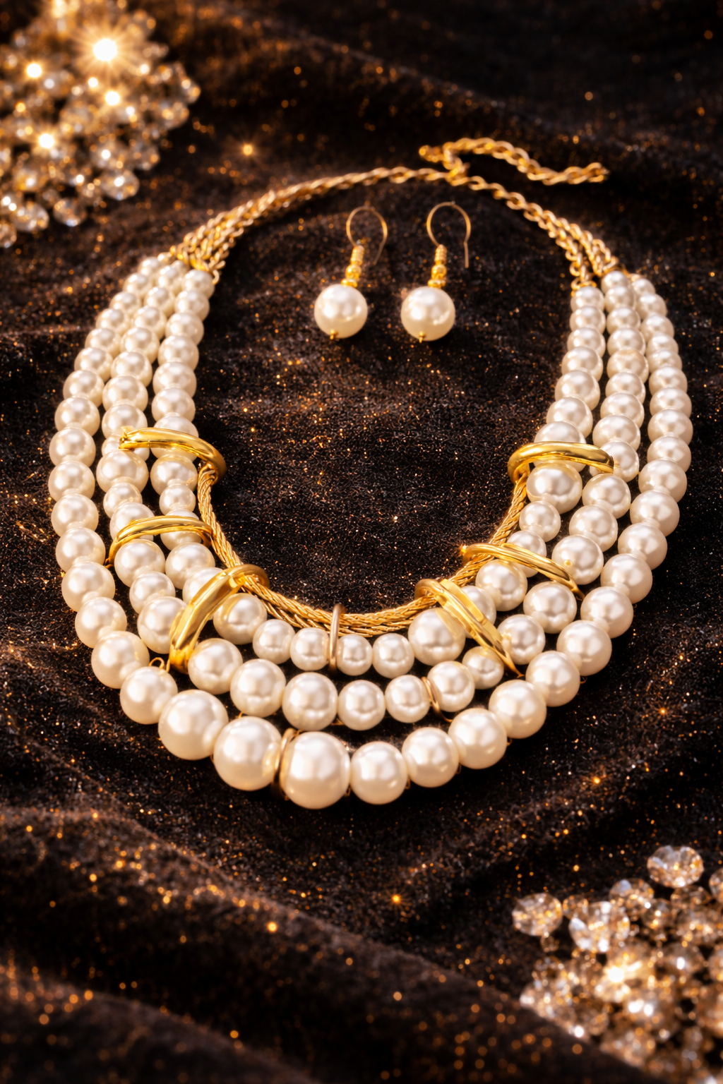 Elegant multi-strand pearl-look choker necklace with matching pearl-look drop earrings. This adjustable necklace is designed to be worn as a chic choker or slightly lower for versatile styling.