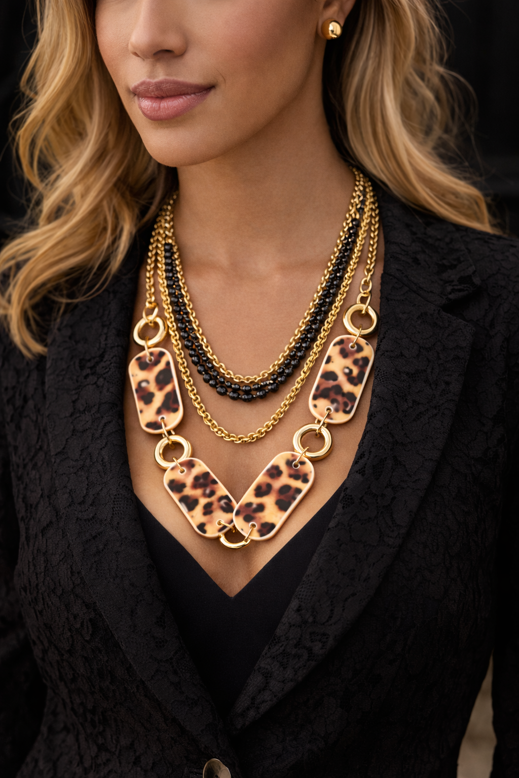 Gold Leopard Statement Necklace - Layered Chain Fashion Jewelry