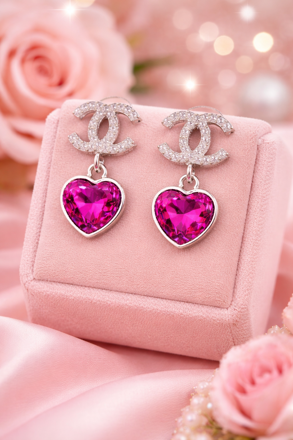 Fuchsia Heart Crystal Drop Earrings – Silver Trim