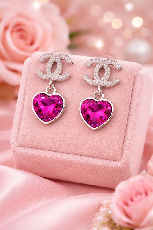 Fuchsia Heart Crystal Drop Earrings – Silver Trim