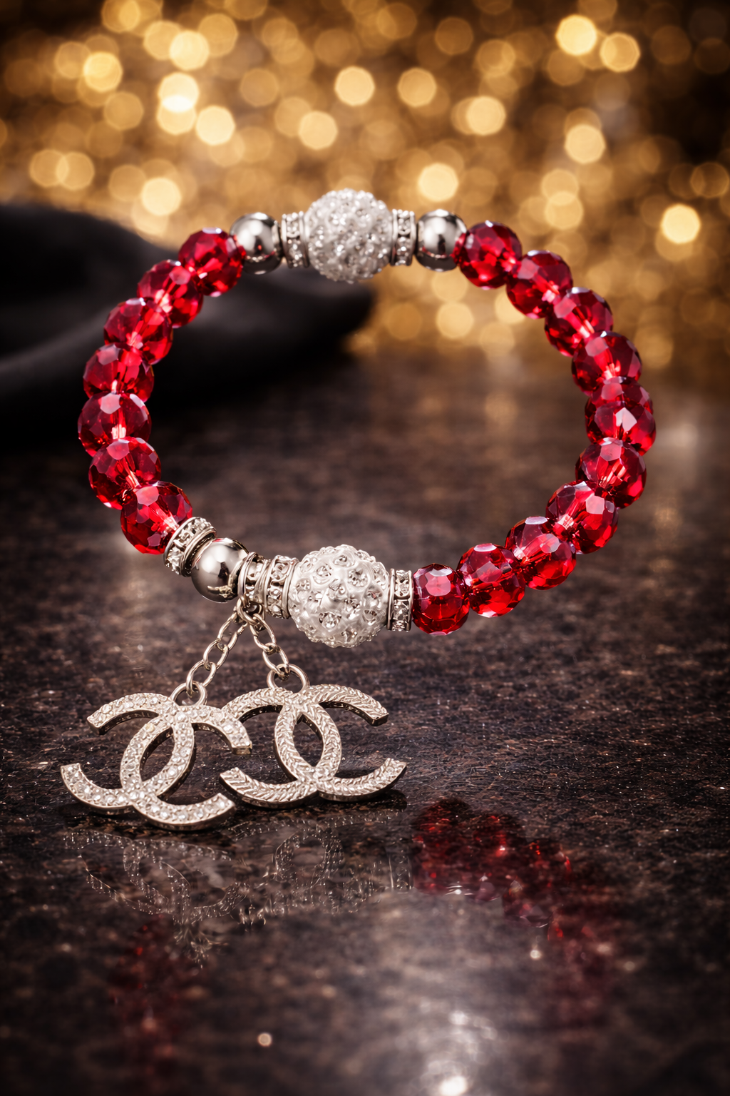 Red Crystal Stretch Charm Bracelet - Gold Tone Statement Jewelry