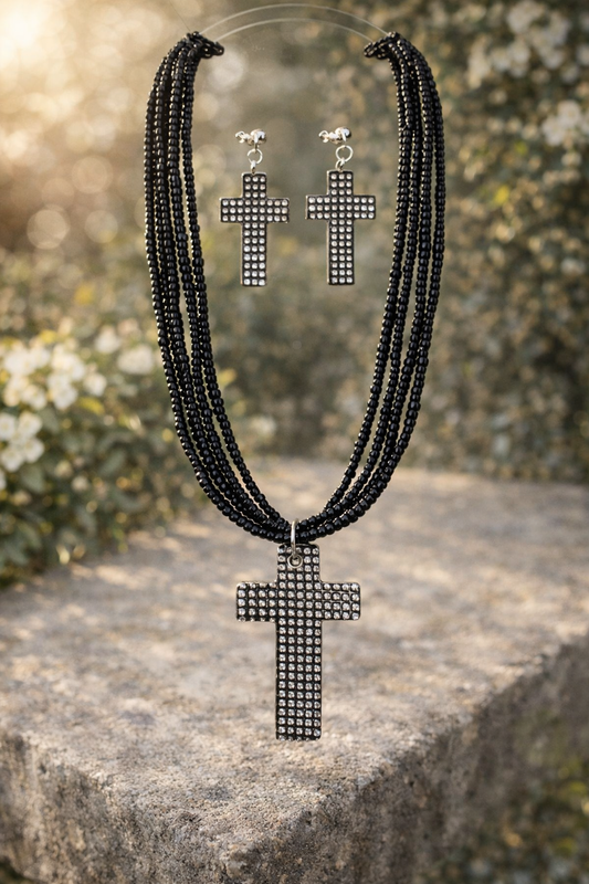 Black Cross Statement Jewelry Set - Necklace and Earrings