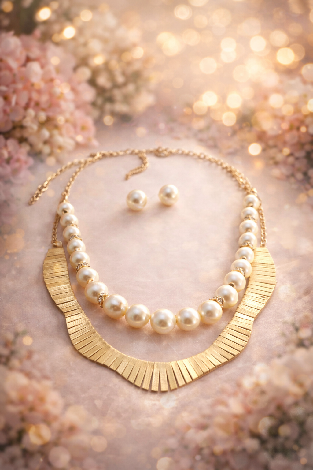 Executive Statement Necklace Set - Gold Collar Jewelry with Earrings