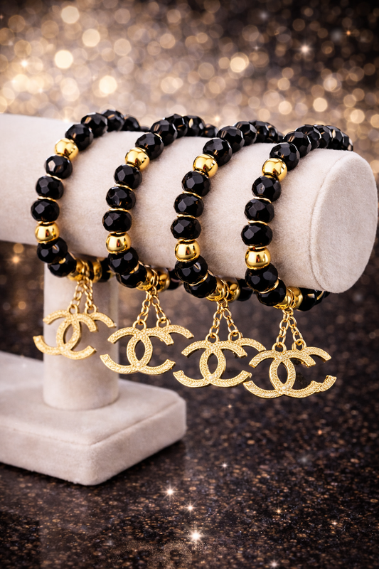 Black Crystal Stretch Charm Bracelet - Gold Tone Statement Jewelry