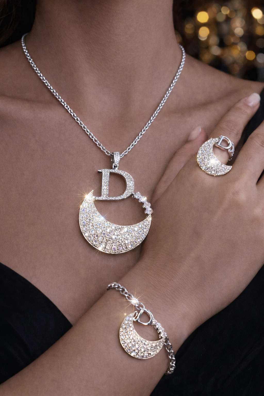 Silver Statement Rhinestone Jewelry Set - 5-Piece Collection