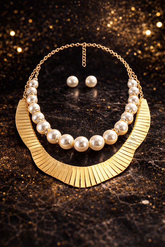 Executive Statement Necklace Set - Gold Collar Jewelry with Earrings