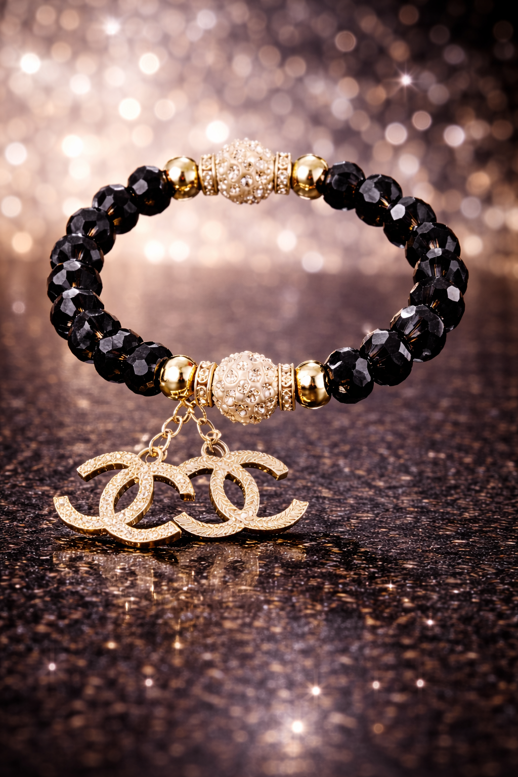 Black Crystal Stretch Charm Bracelet - Gold Tone Statement Jewelry