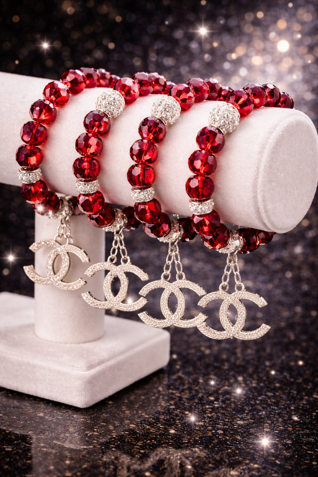Red Crystal Stretch Charm Bracelet - Gold Tone Statement Jewelry