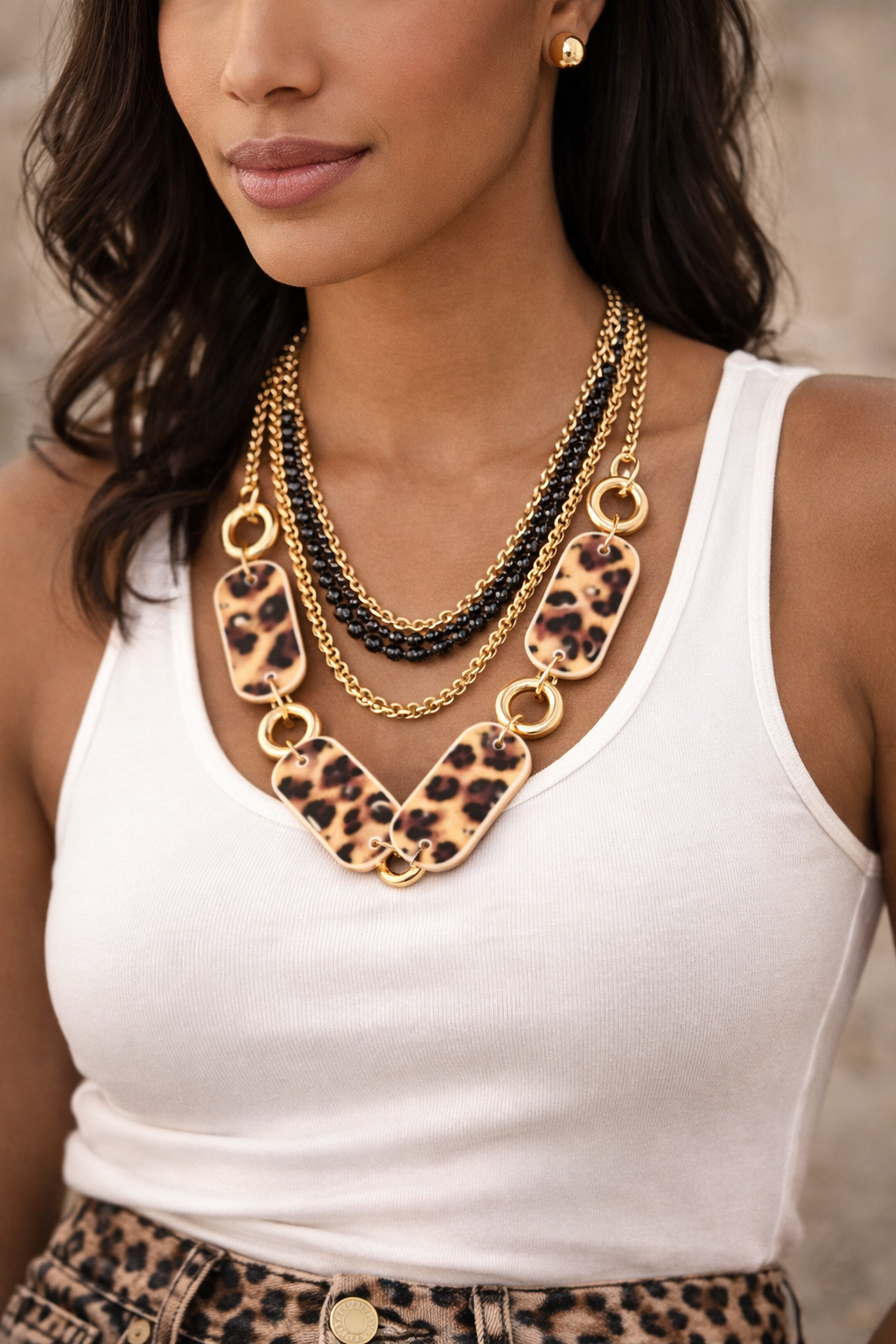 Gold Leopard Statement Necklace - Layered Chain Fashion Jewelry