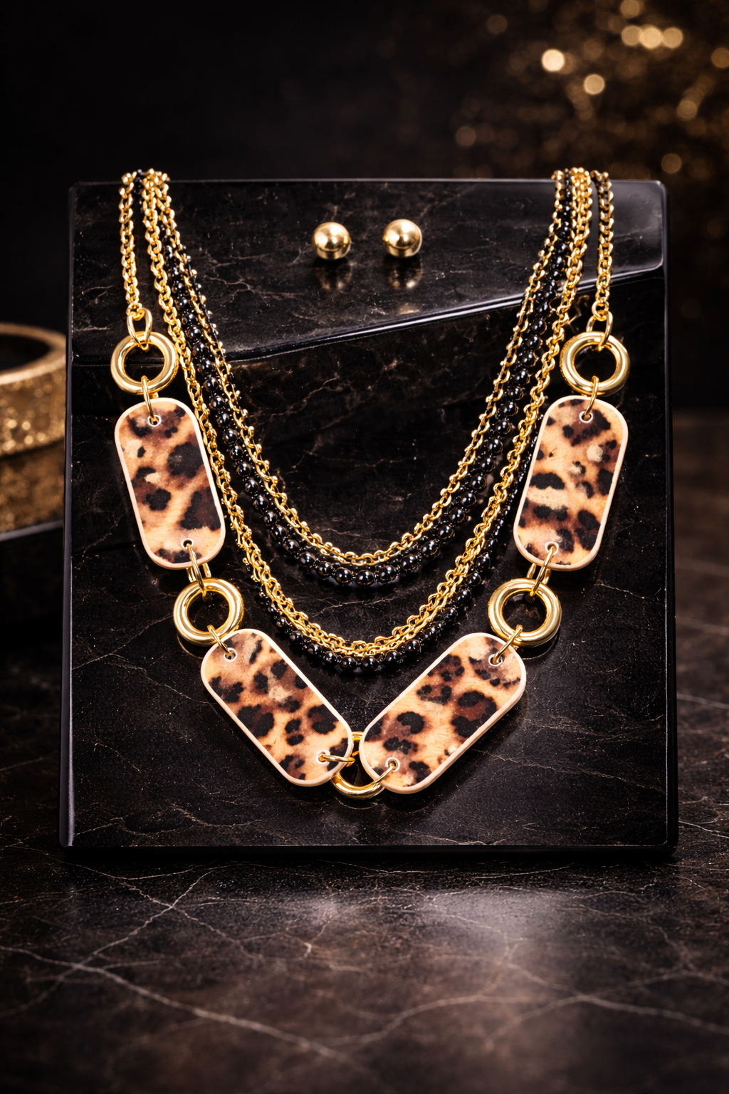Gold Leopard Statement Necklace - Layered Chain Fashion Jewelry