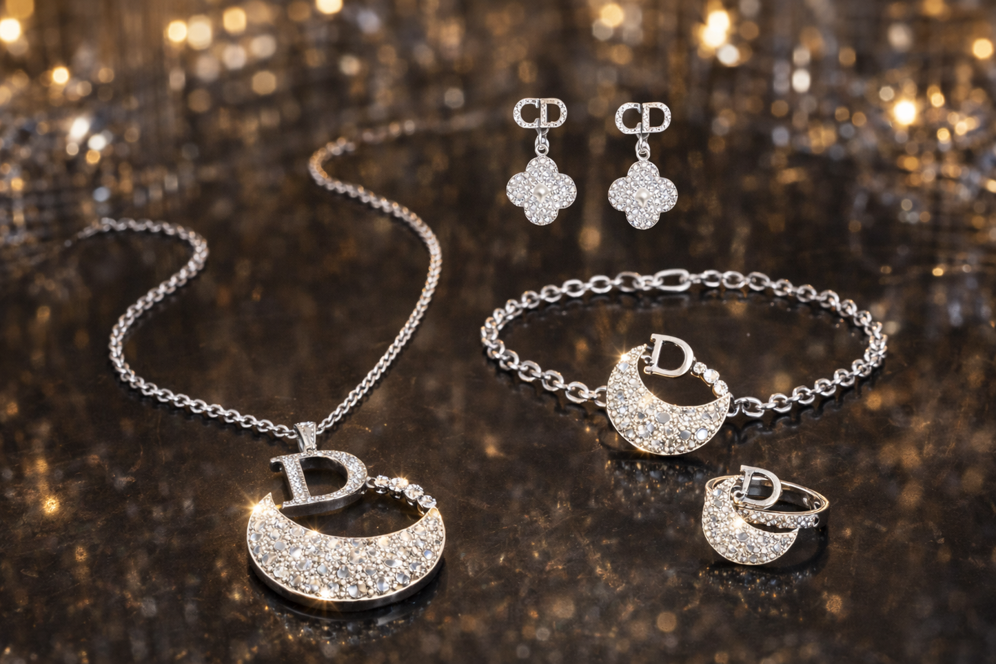 Silver Statement Rhinestone Jewelry Set - 5-Piece Collection