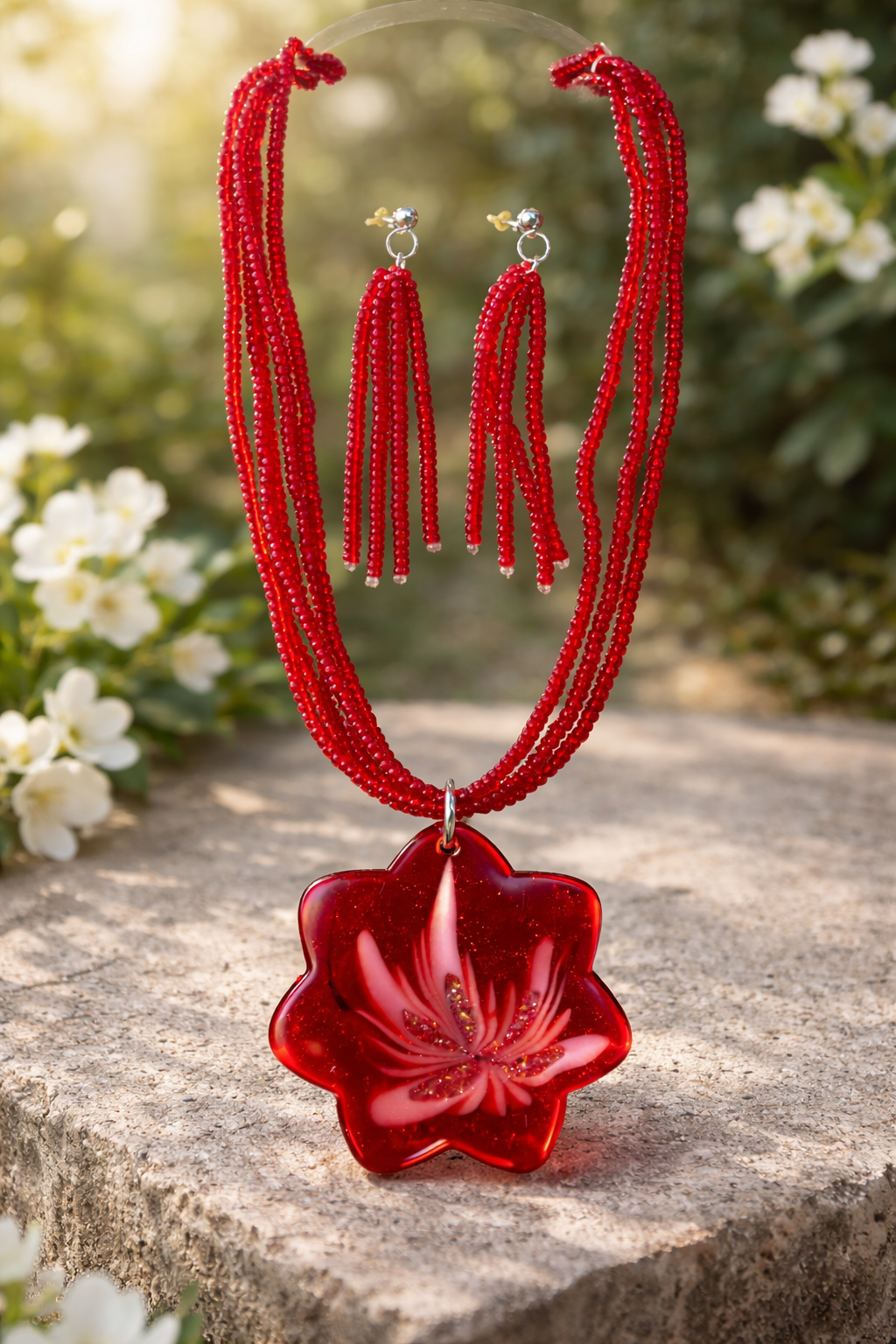 Candy Apple Red Statement Jewelry Set - Necklace and Earrings