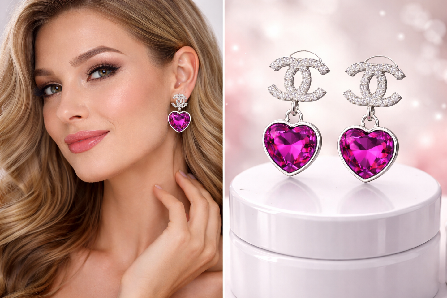 Fuchsia Heart Crystal Drop Earrings – Silver Trim