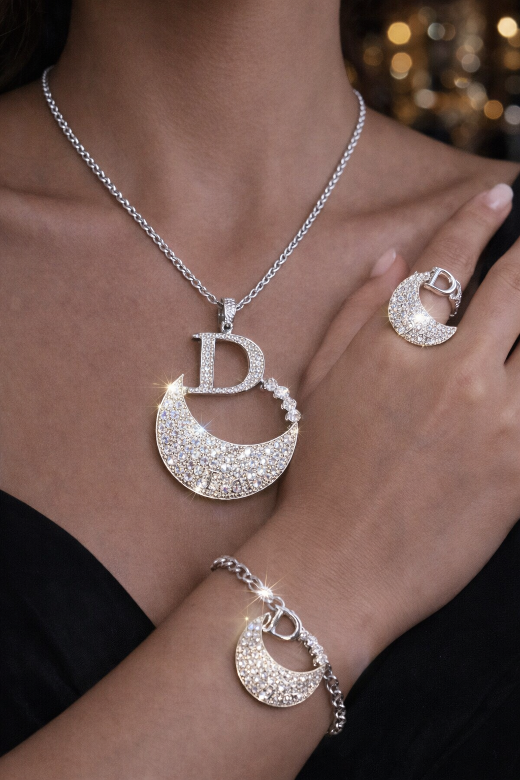 Silver Statement Rhinestone Jewelry Set - 5-Piece Collection