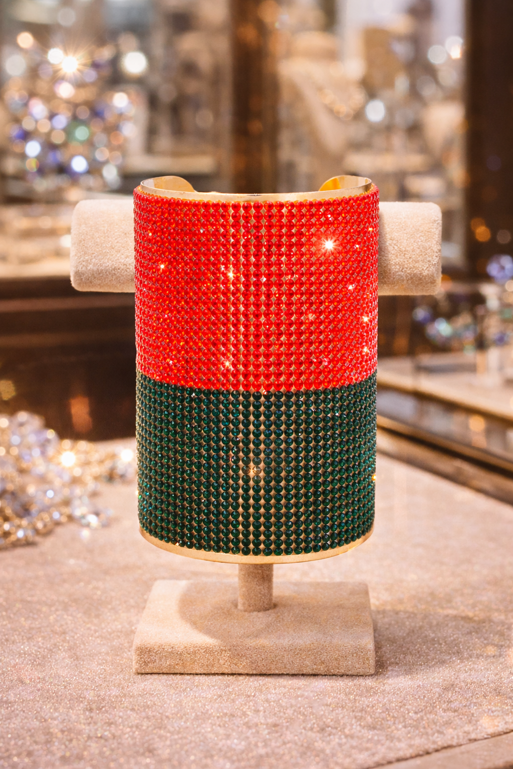 Red and Green Crystal Cuff Bracelet – Gold Tone Statement Jewelry Turn heads with this bold red and green crystal cuff bracelet designed to elevate any outfit instantly.