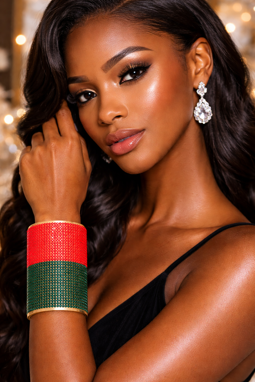 Red and Green Crystal Cuff Bracelet – Gold Tone Statement Jewelry Turn heads with this bold red and green crystal cuff bracelet designed to elevate any outfit instantly.