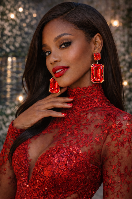 Red Crystal Rectangle Drop Earrings - Statement Fashion Jewelry