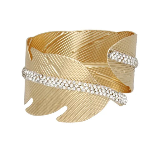 Boho Cuff Bracelet with Rhinestones - Gold Tone Statement Jewelry