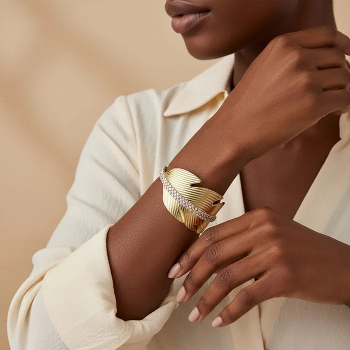 Boho Cuff Bracelet with Rhinestones - Gold Tone Statement Jewelry