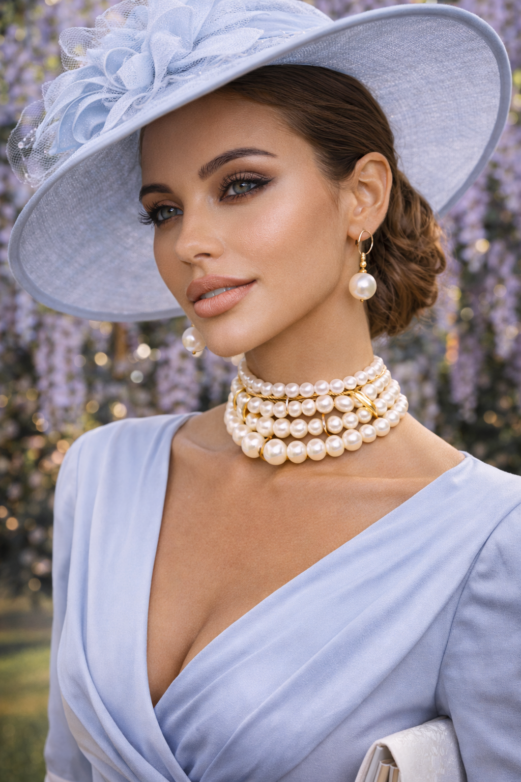 Elegant multi-strand pearl-look choker necklace with matching pearl-look drop earrings. This adjustable necklace is designed to be worn as a chic choker or slightly lower for versatile styling.